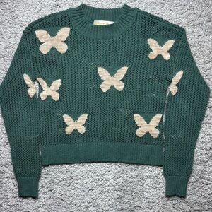 Sugar Moon Sweater Womens Extra Small Crewneck Nya Icon Pullover Green Butterfly